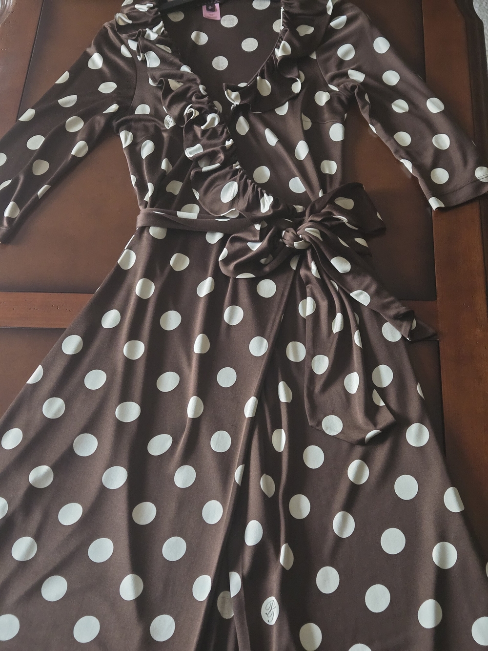 Polka Dot Wrap Silk Dress - Brown with White Dots